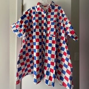 EUC FANTASTIC FAWN RED/WHITE/BLUE CHECKERED ALINE 33” LONG DRESS - LADIES SIZE L